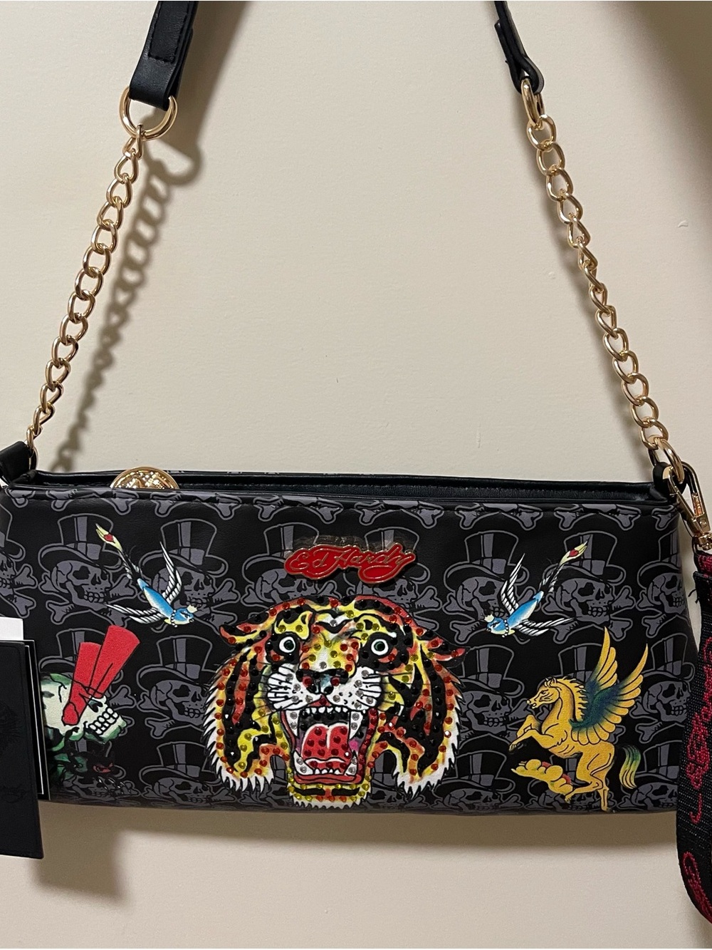 Ed Hardy Tiger Face Birds Black Tattoo Shoulder Bag Wristlet Band NWT Designer